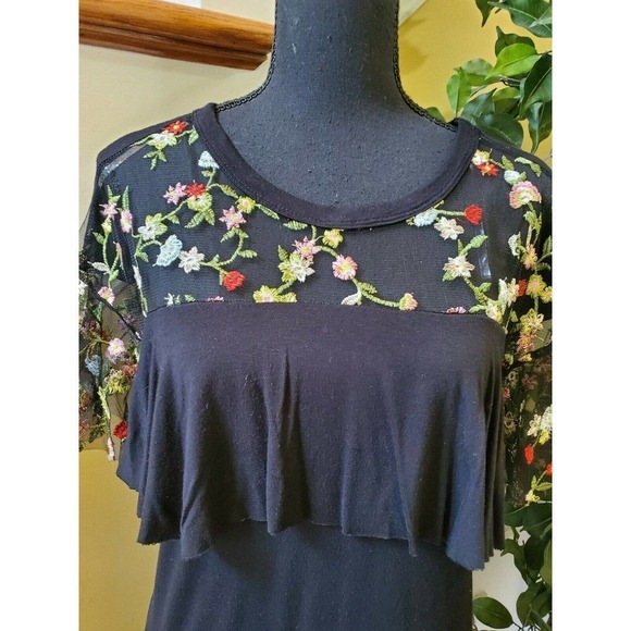 Sweet Claire Ruffle Black Mesh Floral Dress Small - Picture 2 of 9